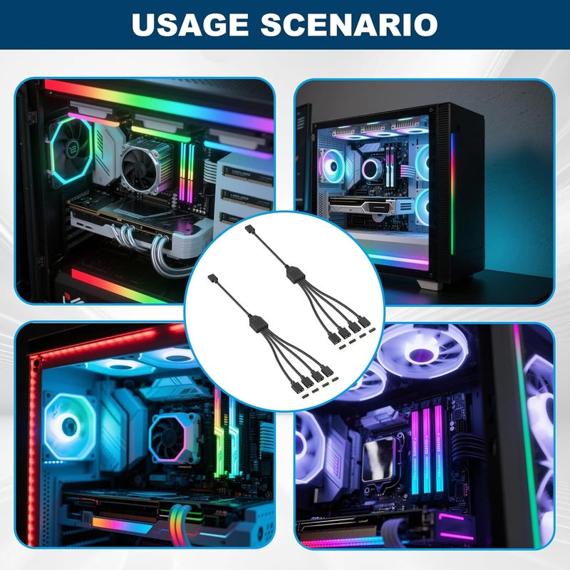 TNJPSEK 2 Pack 3Pin 5V ARGB Extension Cable Set with 8 Male Pins, 1-to-4 Addressable RGB Splitter Cable Female to Female Adapter for PC Case Fans LED Strips CPU Coolers Chassis Lighting System (Black) - Image 2